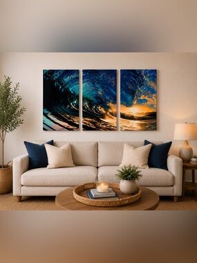 Grander Images 3 Panel Ocean Wave Canvas Wall Art Triptych 16x26 Coastal Decor